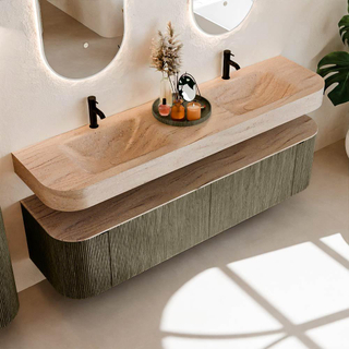 MONDIAZ THOR-DLUX 180cm meuble de salle de bains arrondi gauche + droite couleur Shadow avec 2 tiroirs et 2 portes. Vasque suspendue CLOUD Double 2 trous de robinet couleur Saba.