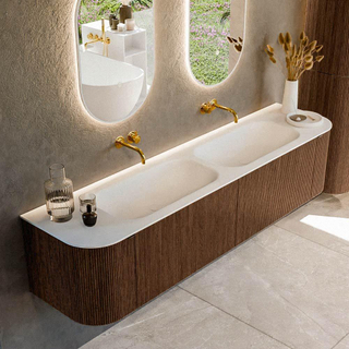 MONDIAZ KURVE 190cm Meuble salle de bain avec module 25 G et D - couleur Walnut - 2 tiroirs - 2 portes - vasque BIG SMALL double - sans trous de robinet - Talc