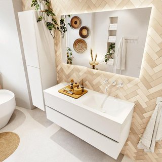 MONDIAZ VICA meuble sous lavabo 120cm Talc 2 tiroirs. Lavabo CLOUD droit sans trou de robinet, couleur Talc.