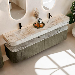 MONDIAZ THOR-DLUX Meuble de salle de bains - 200cm - arrondi gauche + droite - couleur Shadow - 2 tiroirs - 2 portes - Vasque suspendue CLOUD Double 2 trous de robinet - couleur Glace