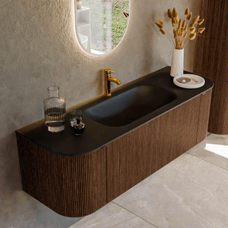 MONDIAZ KURVE 140cm badmeubel met module 25 Len R kleur Walnut met 1 lade en 2 deuren. Wastafel BIG SMALL midden 1 kraangat Urban.