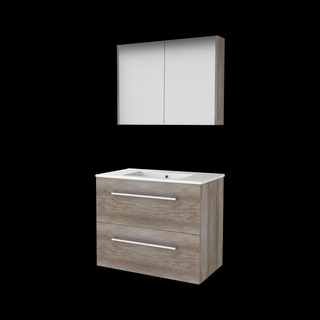Basic-Line Comfort 46 ensemble de meubles de salle de bain 80x46cm avec poignées 2 tiroirs lavabo en porcelaine 1 trou de robinetterie armoire de toilette mfc scotch oak