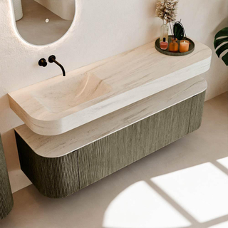 MONDIAZ THOR-DLUX 160cm meuble de salle de bains arrondi gauche + droite couleur Shadow avec 1 tiroir et 2 portes. Vasque suspendue CLOUD Gauche sans trou de robinet couleur Meli.