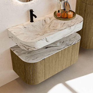 MONDIAZ THOR-DLUX 100cm meuble de salle de bains arrondi gauche + droite couleur Dusk avec 1 tiroir et 2 portes. Vasque suspendue CLOUD Gauche 1 trou de robinet couleur Glace.