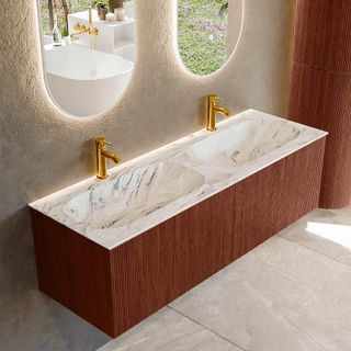 Mondiaz KURVE-DLUX Ensemble de meuble salle de bain - 140x46x40cm - 2 tiroirs - lavabo en solid surface - double - 2 trous de robinet - Ruby