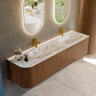 MONDIAZ KURVE-DLUX 175cm Meuble salle de bain avec module 25 G - couleur Walnut - 2 tiroirs - 1 porte - vasque STOR SMALL double / droite - 2 trous de robinet - couleur Glace