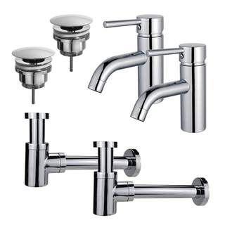 FortiFura Calvi Kit robinet lavabo - pour double vasque - robinet bas - bonde non-obturable - siphon design bas - Chrome brillant