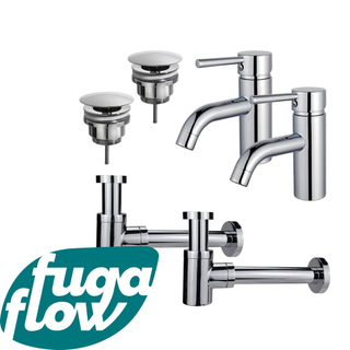 FugaFlow Eccelente Sobrado Badkamer Wastafelkraanset - voor dubbele wastafel - lage wastafelkraan - always open plug - verlaagde design sifon - Chroom