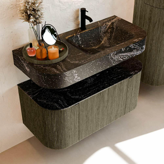 MONDIAZ THOR-DLUX 100cm meuble de salle de bains arrondi gauche + droite couleur Shadow avec 1 tiroir et 2 portes. Vasque suspendue CLOUD Droite 1 trou de robinet couleur Lava.