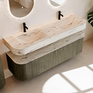 MONDIAZ THOR-DLUX 160cm meuble de salle de bains arrondi gauche + droite couleur Shadow avec 1 tiroir et 2 portes. Vasque suspendue CLOUD Double 2 trous de robinet couleur Nata.