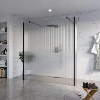 FugaFlow Eccelente Vetro Douche à l'italienne libre - 180x200cm - Clair strié - anti-calcaire - verre de sécurité 8mm - 2 parois latérales 30cm - avec bras muraux et profils d'angle - Noir mat -