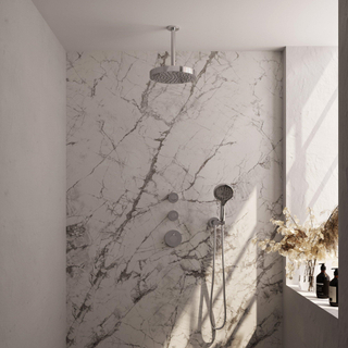 BRAUER Stripe Thermostatische Inbouw Regendouche - SET 06 - 25cm douchekop - plafondarm - 3-standen handdouche - doucheslang - wandaansluitbocht - chroom