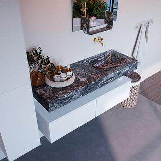 Mondiaz ALAN-DLUX Ensemble de meuble - 130cm - meuble Talc mat - 2 tiroirs - Lavabo Cloud Lava suspendu - vasque Droite - 0 trous de robinet