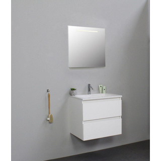 Basic Bella Meuble avec lavabo acrylique avec 1 trou de robinet et miroir avec éclairage 60x55x46cm Flat Pack Blanc haute-brillance
