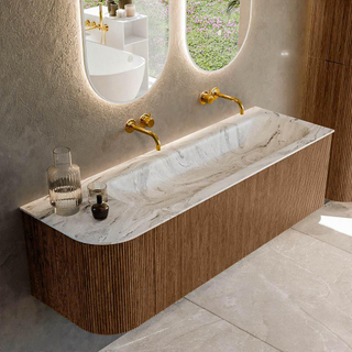 MONDIAZ KURVE-DLUX 145cm Meuble salle de bain avec module 25 G - couleur Walnut - 1 tiroir - 1 porte - vasque BIG LARGE droite - sans trou de robinet - couleur Glace