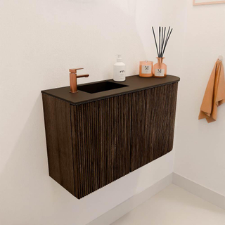 Mondiaz JOYA 71.6cm toiletmeubel - ronding rechts kleur Walnut - Wastafel FAYE positie Links 1 kraangat kleur Urban.