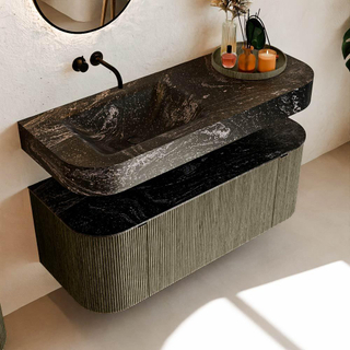 MONDIAZ THOR-DLUX 120cm meuble de salle de bains arrondi gauche + droite couleur Shadow avec 1 tiroir et 2 portes. Vasque suspendue CLOUD Gauche sans trou de robinet couleur Lava.