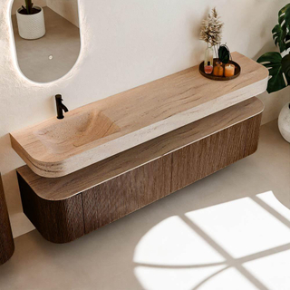 MONDIAZ THOR-DLUX 200cm meuble de salle de bains arrondi gauche + droite couleur Walnut avec 2 tiroirs et 2 portes. Vasque suspendue CLOUD Gauche 1 trou de robinet couleur Saba.