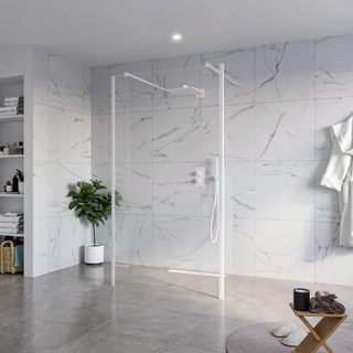 FugaFlow Eccelente Vetro Douche à l'italienne - 110x200cm - verre clair - anticalcaire - verre de sécurité 8mm - 2 parois latérales 30cm - avec bras muraux et profilés d'angle - Blanc mat