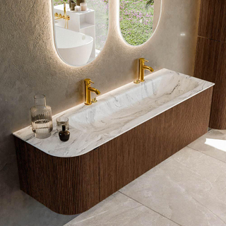 MONDIAZ KURVE-DLUX 145cm badmeubel met module 25 L kleur Walnut met 1 lade en 1 deur. Wastafel BIG LARGE rechts 2 kraangaten kleur Glace.