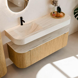 MONDIAZ THOR-DLUX 140cm badmeubel ronding links + rechts kleur Oak met 1 lade en 2 deuren. Vrijhangende wastafel CLOUD Links 1 kraangat kleur Meli.