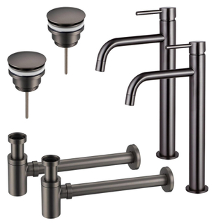 FugaFlow Eccelente Sobrado Slim Kit robinet lavabo - pour double vasque - robinet rehaussé - bonde clic clac - siphon design bas - Gunmetal PVD