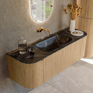 MONDIAZ KURVE-DLUX 140cm badmeubel met module 25 Len R kleur Oak met 1 lade en 2 deuren. Wastafel BIG SMALL midden zonder kraangat kleur Lava.