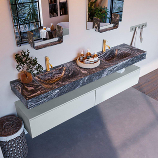 Mondiaz ALAN-DLUX Ensemble de meuble - 200cm - meuble Clay mat - 2 tiroirs - Lavabo Cloud Lava suspendu - vasque Gauche et droite - 2 trous de robinet