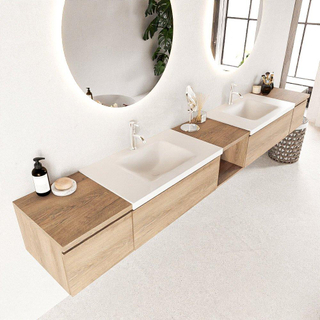 MONDIAZ BUKLA 280cm badmeubel met open module 40 midden kleur Washed Oak met 4 lades. Wastafel CLOUD dubbel 2 kraangaten kleur Talc.