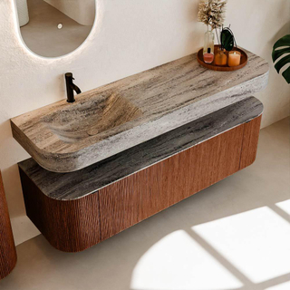 MONDIAZ THOR-DLUX 160cm meuble de salle de bains arrondi gauche + droite couleur Ruby avec 1 tiroir et 2 portes. Vasque suspendue CLOUD Gauche 1 trou de robinet couleur Oza.