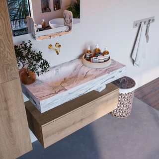 Mondiaz ALAN-DLUX Ensemble de meuble - 100cm - meuble Washed Oak mat - 1 tiroir - Lavabo Cloud Glace suspendu - vasque Gauche - 0 trous de robinet