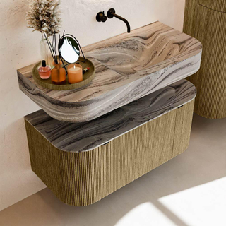 MONDIAZ THOR-DLUX 100cm meuble de salle de bains arrondi gauche + droite couleur Dusk avec 1 tiroir et 2 portes. Vasque suspendue CLOUD Droite sans trou de robinet couleur Sombra.