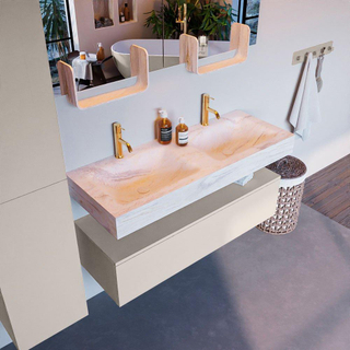 Mondiaz ALAN-DLUX Ensemble de meuble - 120cm - meuble Linen mat - 1 tiroir - Lavabo Cloud Ostra suspendu - vasque gauche et droite - 2 trous de robinet