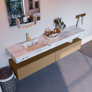 Mondiaz ALAN-DLUX Ensemble de meuble - 200cm - meuble Oro mat - 2 tiroirs - Lavabo Cloud Glace suspendu - vasque Gauche - 1 trou de robinet