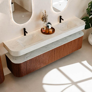 MONDIAZ THOR-DLUX 200cm meuble de salle de bains arrondi gauche + droite couleur Ruby avec 2 tiroirs et 2 portes. Vasque suspendue CLOUD Double 2 trous de robinet couleur Opalo.