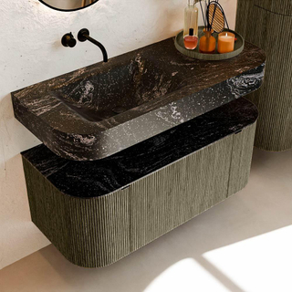 MONDIAZ THOR-DLUX 110cm meuble de salle de bains arrondi gauche + droite couleur Shadow avec 1 tiroir et 2 portes. Vasque suspendue CLOUD Gauche sans trou de robinet couleur Lava.