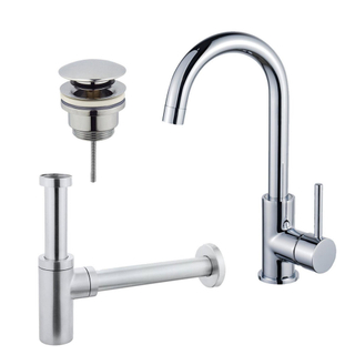 Fortifura Calvi Kit robinet lavabo - robinet haut - bec rotatif - bonde clic clac - siphon design - Chrome brillant