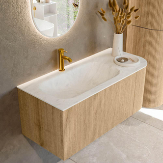 MONDIAZ KURVE-DLUX 105cm Meuble salle de bain avec module 25 D - couleur Oak - 1 tiroir - 1 porte - vasque BIG SMALL gauche - 1 trou de robinet - couleur Opalo