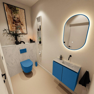 MONDIAZ TURE-DLUX Meuble toilette - 60cm - Jeans - EDEN - vasque Opalo - position droite - sans trou de robinet