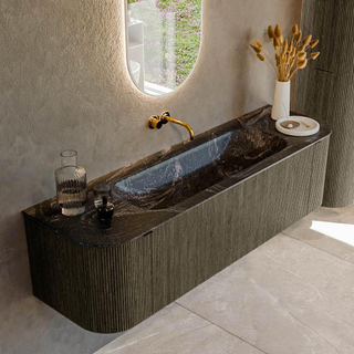 Ensemble de meuble de salle de bain Mondiaz KURVE-DLUX - 160x46x40cm - 1 tiroir - 2 portes - lavabo en solid surface - milieu - sans trou de robinet - Shadow
