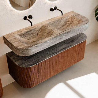 MONDIAZ THOR-DLUX 130cm meuble de salle de bains arrondi gauche + droite couleur Ruby avec 1 tiroir et 2 portes. Vasque suspendue CLOUD Double sans trou de robinet couleur Oza.