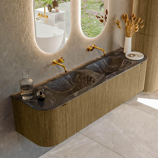 Mondiaz KURVE-DLUX Ensemble de meuble salle de bain - 170x46x40cm - 1 tiroir - 2 portes - lavabo en solid surface - double - sans trou de robinet - Dusk