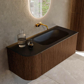 MONDIAZ KURVE 115cm badmeubel met module 25 L kleur Walnut met 1 lade en 1 deur. Wastafel BIG SMALL rechts zonder kraangat Urban.