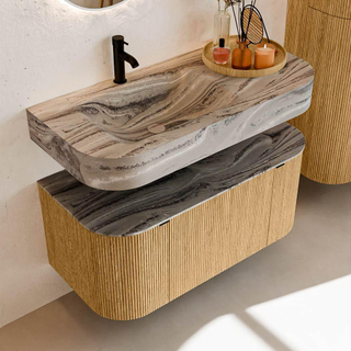 MONDIAZ THOR-DLUX 100cm badmeubel ronding links + rechts kleur Oak met 1 lade en 2 deuren. Vrijhangende wastafel CLOUD Links 1 kraangat kleur Sombra.