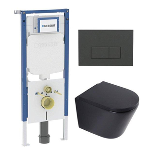 QeramiQ Dely Toiletset - 36.3x51.7cm - diepspoel - rimless - Geberit UP720 inbouwreservoir - softclose toilet zitting 35 mm - bedieningsplaat antraciet mat - rechthoekige knoppen - mat zwart