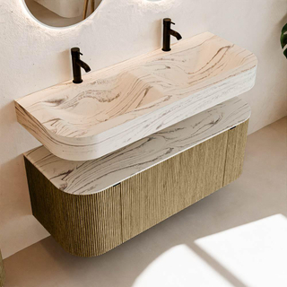 MONDIAZ THOR-DLUX 120cm meuble de salle de bains arrondi gauche + droite couleur Dusk avec 1 tiroir et 2 portes. Vasque suspendue CLOUD Double 2 trous de robinet couleur Nata.