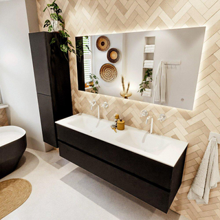 MONDIAZ VICA meuble sous lavabo 150cm Urban 2 tiroirs. Lavabo CLOUD double 2 trous de robinet, couleur Talc.