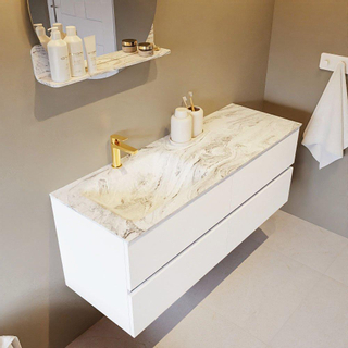 Mondiaz VICA-DLUX ensemble de meuble de salle de bain - 130cm - meuble sous-vasque talc - 4 tiroirs - lavabo encastré cloud gauche - 1 trou de robinet - version haute de 60cm - glace