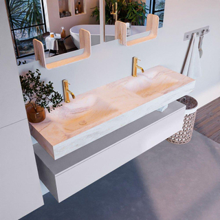 Mondiaz ALAN-DLUX Ensemble de meuble - 150cm - meuble Cale mat - 1 tiroir - Lavabo Cloud Ostra suspendu - vasque gauche et droite - 2 trous de robinet