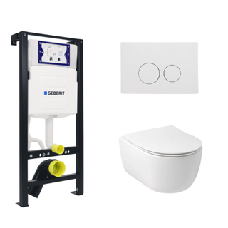 Plieger Kansas Toiletset - UP320 réservoir encastré - wc suspendu - compact - abattant wc mince - softclose - plaque de commande blanche mate - boutons ronds - blanc mat